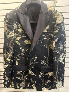 Black & Gold Floral Jacquard Performance Blazer
